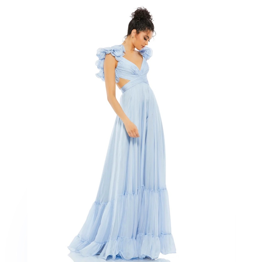 RUFFLE TIERED CUT-OUT CHIFFON GOWN POWDER BLUE (LIGHT BLUE)